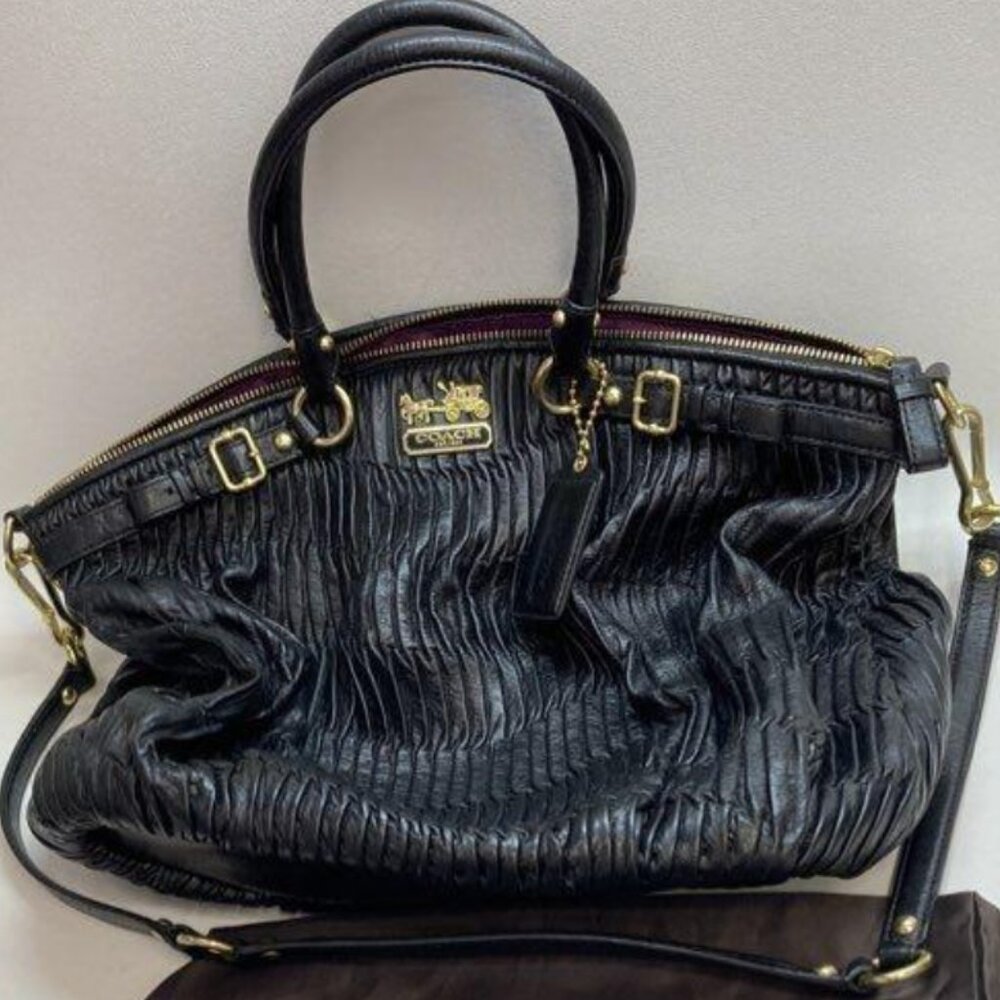 Coach Madison Gathered Leather Lindsey Sophia Satchel Black Gld/Brass Hardware